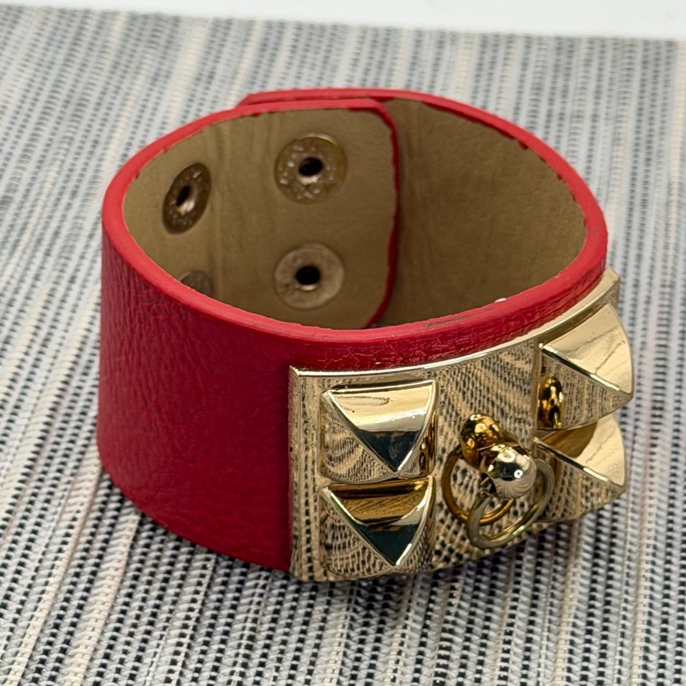 Red Faux Leather Studded Cuff Bracelet Gold Pyramid Door Knocker Ring Edgy Punk